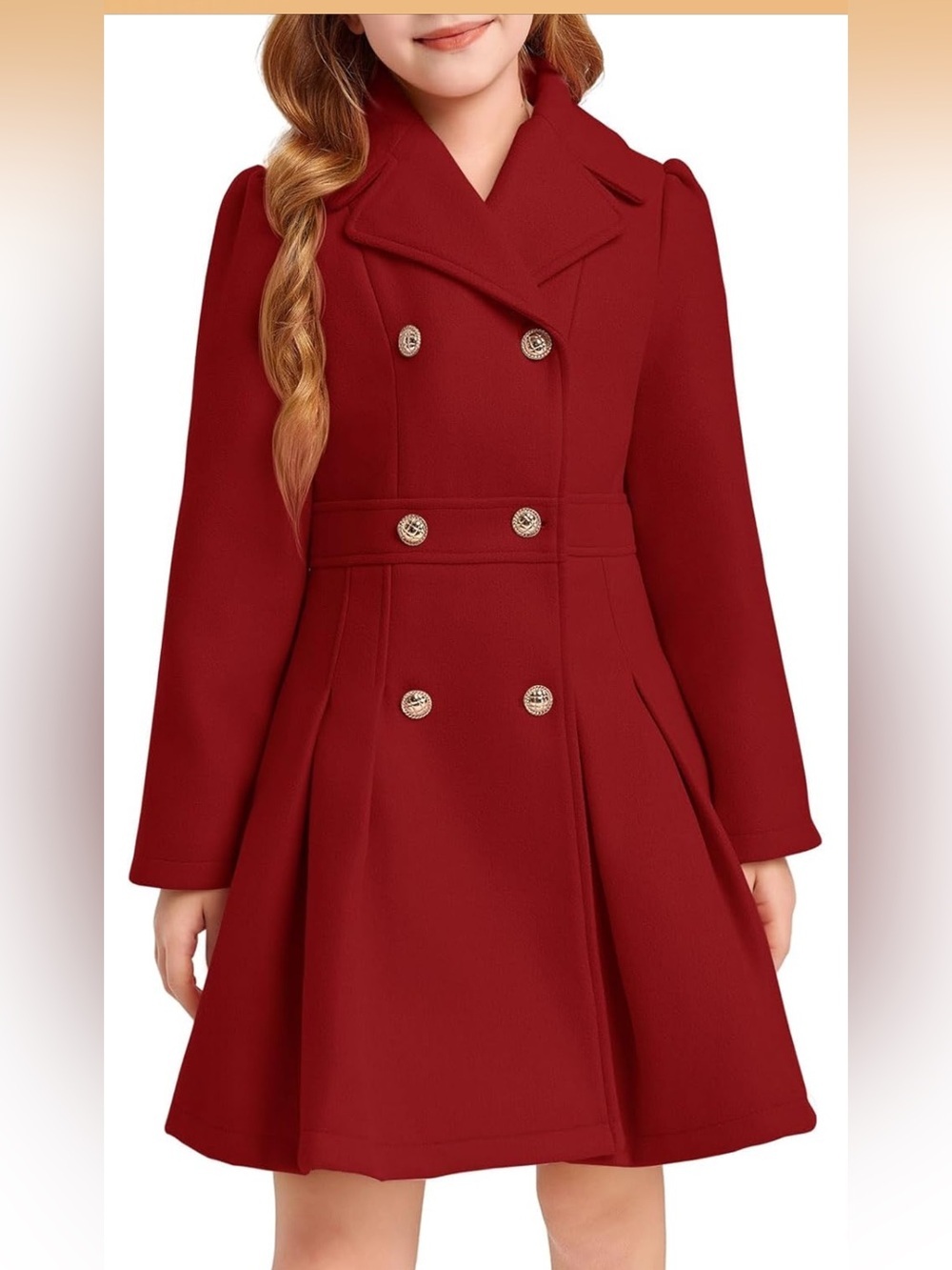 Girls Winter Dress Coat Button Peacoat Notch Lapel Double Breasted with Pockets